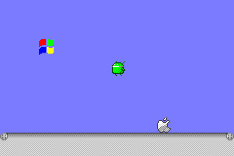 図1:  ドロイド君が跳ねたり銀の林檎に乗ったりする