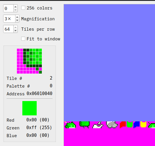 図3: ドロイド君の左下部分の画像が 0x06010040 にある様子