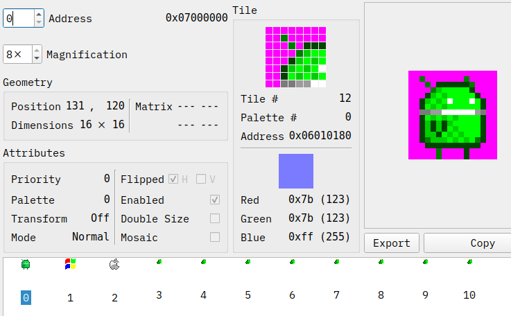 図5: 0x07000000 に格納されているドロイド君のスプライトデータ。参照先タイルは 0x06010180 にある。