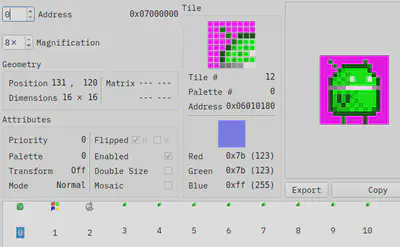 図5: `0x07000000` に格納されているドロイド君のスプライトデータ。参照先タイルは `0x06010180` にある。
