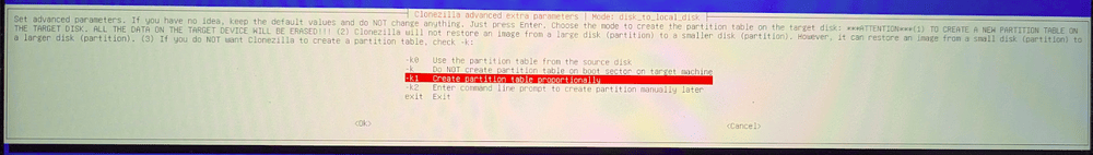 図9:  ここで -k1 Create partition table proportionally を選択する